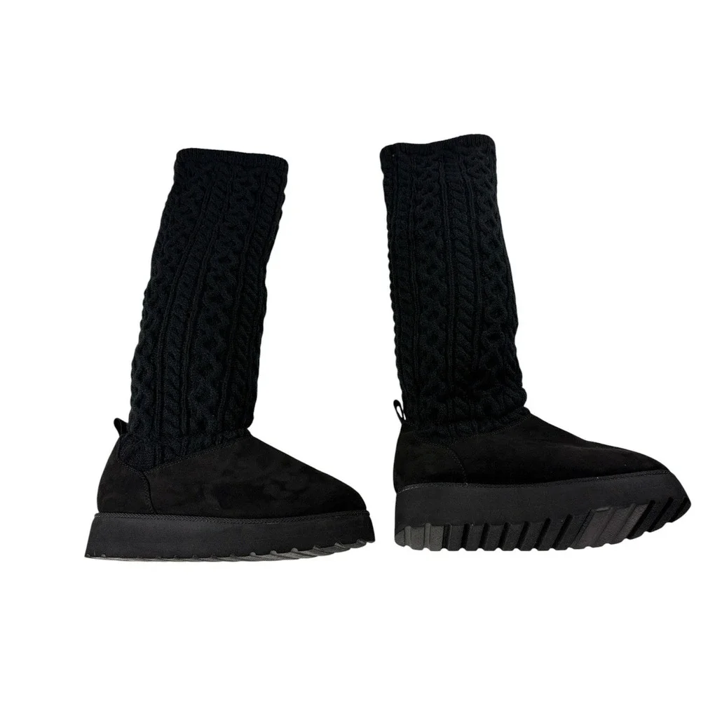 Sugar Womens Black Cable Knit Tall Platform Boots Faux Fur Lined Size 9.5 M
